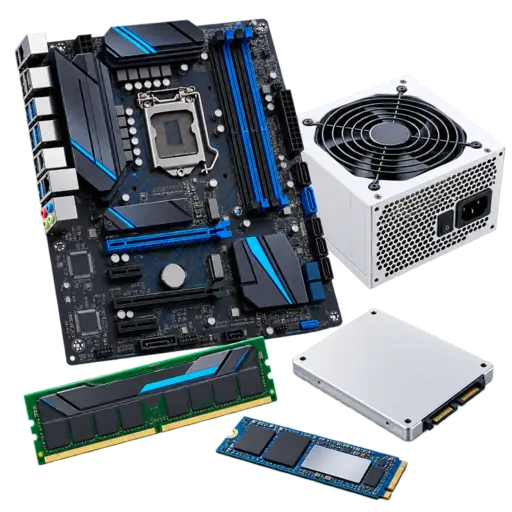 fuente de poder, placa, ram, ssd, nv2, cooler